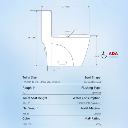 GINOST 1.1/1.60 GPF Dual-Flush One Piece Toilet, Water-Saving Elongated Comfort Height Floor Mounted, Soft Close 1000 Gram Map Flushing Score Toilet, Rose 23T01-RS