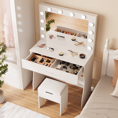 Vanity Table Set with Lighted Mirror,Makeup Vanity with Lights, Large Drawer Sturdy Wood Vanity, White