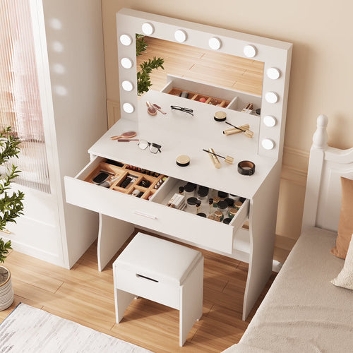 Vanity Table Set with Lighted Mirror,Makeup Vanity with Lights, Large Drawer Sturdy Wood Vanity, White