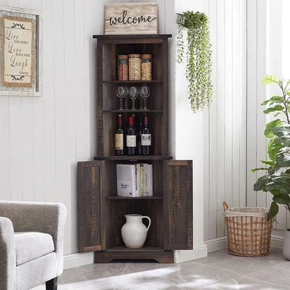 OKD Farmhouse Tall Corner Cabinet with Barn Door & Adjustable Shelves, 68" Rustic Wood Corner Cabinet with Storage Cabinet for Bathroom, Kitchen, Antique White