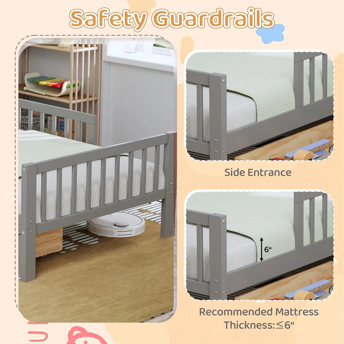 Euroco Wood Twin Size Platform Bed with Storage Headboard and Drawers, Low Profile Bed with Guardrails for Kids and Toddlers, White