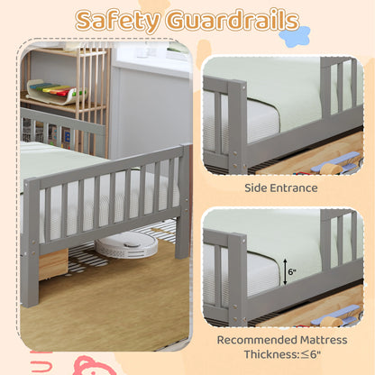 Euroco Wood Twin Size Platform Bed with Storage Headboard and Drawers, Low Profile Bed with Guardrails for Kids and Toddlers, White