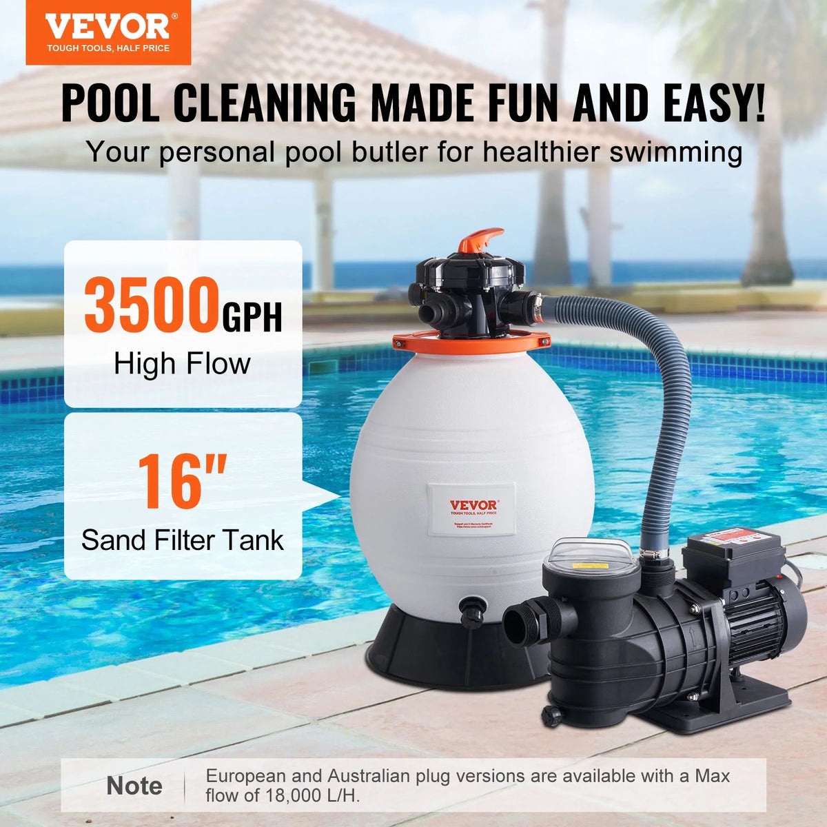 VEVOR Sand Filter Pump for Above Ground Pools, 16-inch, 3500 GPH,1 HP Swimming Pool Pumps System & Filters Combo Set with 6-Way Multi-Port Valve and Strainer Basket,for Domestic and Commercial Pools