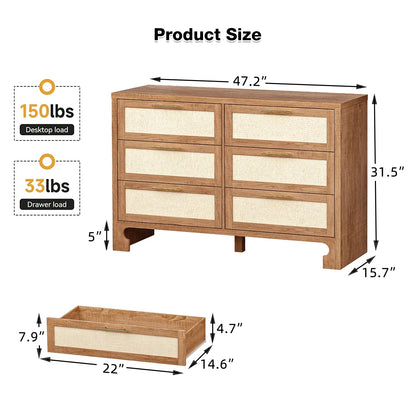 Homhougo White Dresser for Bedroom 6 Drawer, Wood Organizer Storage Cabinet with Gray Strip Drawer Door, Chest of Drawers for Closet, Living Room, Hallway, Nursery, Kids Bedroom