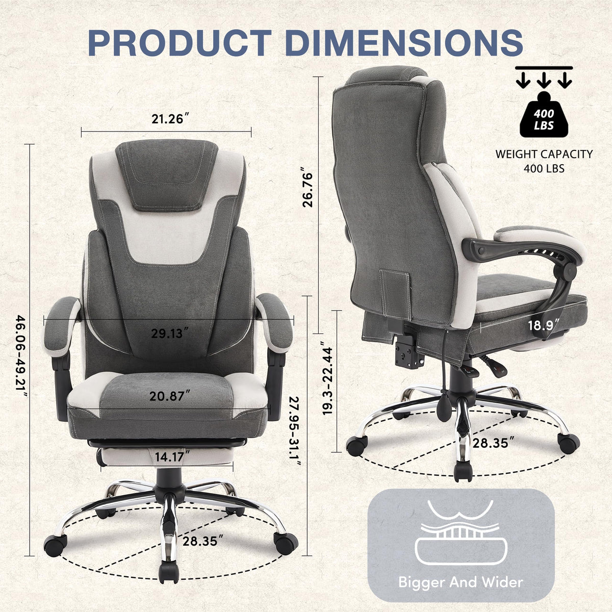 JONPONY Big and Tall Office Chair 400lbs, Executive Reclining Office Chairs with Footrest, High Back Home Office Chair Thick Padded Armrests, Ergonomic Adjustable Lumbar Support, PinkWhite