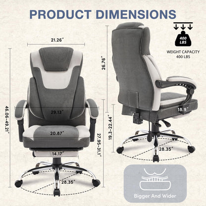 JONPONY Big and Tall Office Chair 400lbs, Executive Reclining Office Chairs with Footrest, High Back Home Office Chair Thick Padded Armrests, Ergonomic Adjustable Lumbar Support, PinkWhite