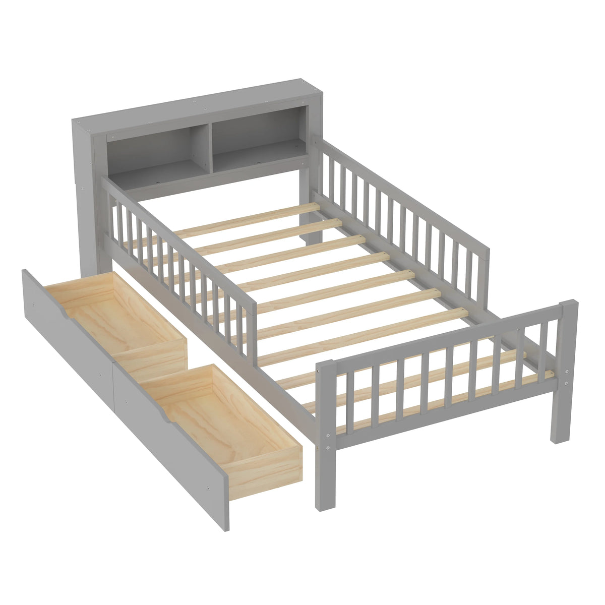 Euroco Wood Twin Size Platform Bed with Storage Headboard and Drawers, Low Profile Bed with Guardrails for Kids and Toddlers, White