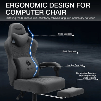 Hoffree Gaming Chair with Massage Fabric Office Chair with footrest for Adults, Ergonomic Gamer Chair with Headrest and Lumbar Support for Office Gaming, 440 LBS