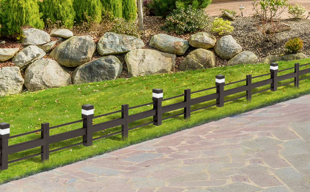 SUNJOY Garden Fence Solar Border Fencing with Waterproof LED Path Lights, Metal Strip Pattern Fence Panel Outdoor Decorative Garden Fences(5PK), Brown