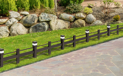 SUNJOY Garden Fence Solar Border Fencing with Waterproof LED Path Lights, Metal Strip Pattern Fence Panel Outdoor Decorative Garden Fences(5PK), Brown