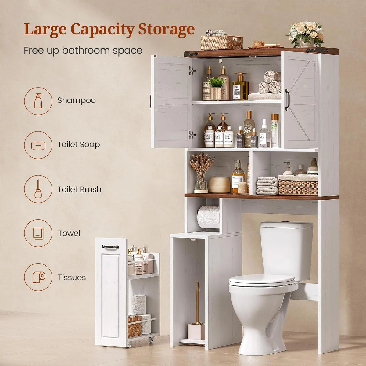 Frhnenha Over The Toilet Storage Cabinet with Pulley, Bathroom Storage Cabinet, with Adjustable Shelf and Open Shelf for Bathroom, Restroom, Laundry, White
