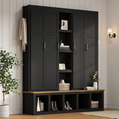 63" Farmhouse Hall Tree with Bench and Shoe Storage, 4-in-1 Entryway Bench with 4 Storage Cabinets, 5 Shoe Cabinets and 6 Hanging Hooks, Black