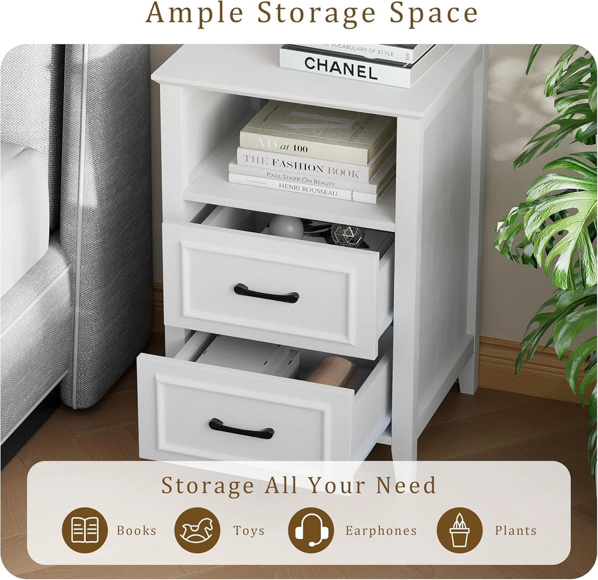 ANHDAH Nightstand Set of 2, Modern End Table with 2 Drawers and Open Shelf, 23.6 Inch High Bedside Table with Storage