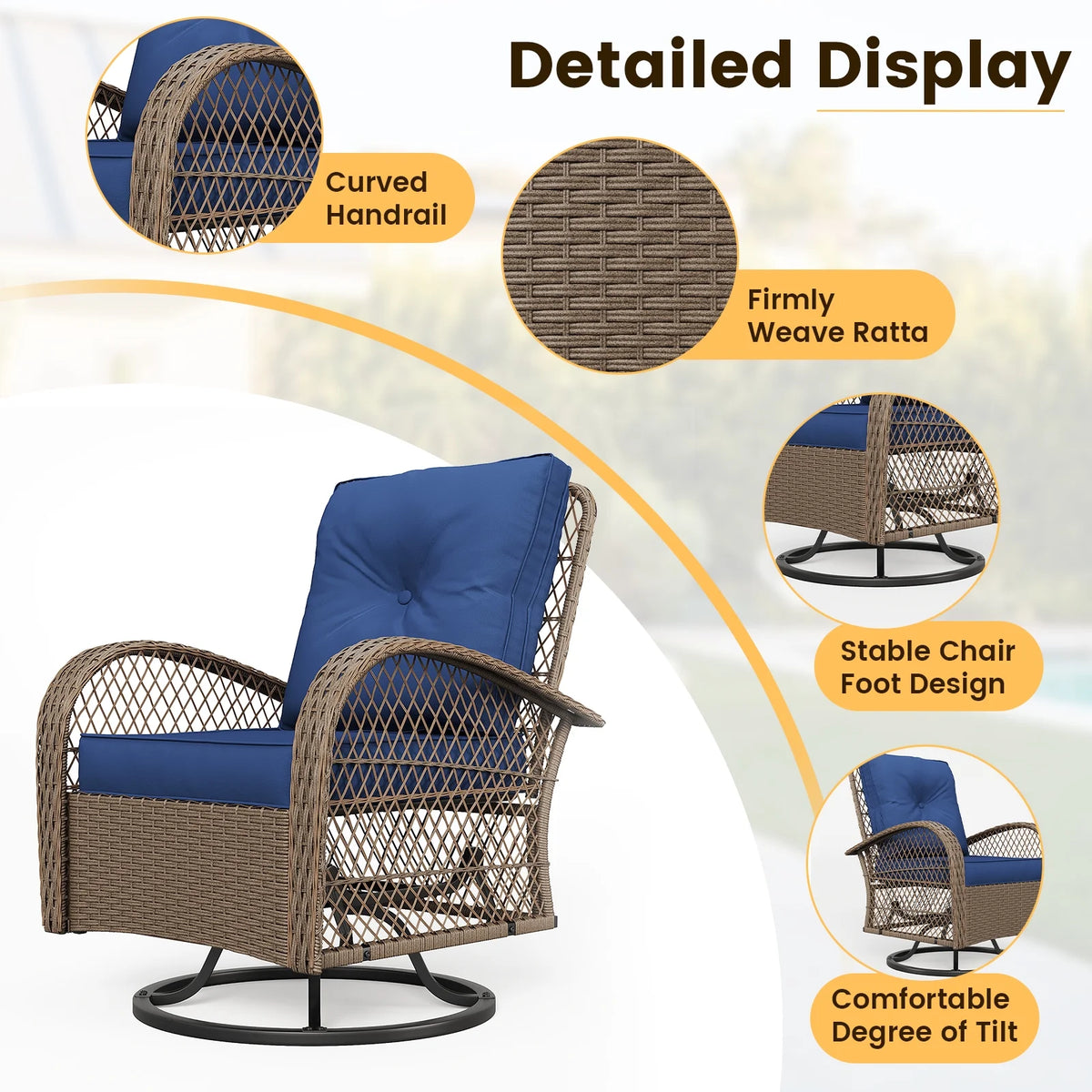 ELPOSUN 3 Pieces Patio Furniture Set, Outdoor Swivel Gliders Rocker, Wicker Patio Bistro Set with Rattan Rocking Chair, Glass Top Side Table and Thickened Cushions for Porch Deck Backyard