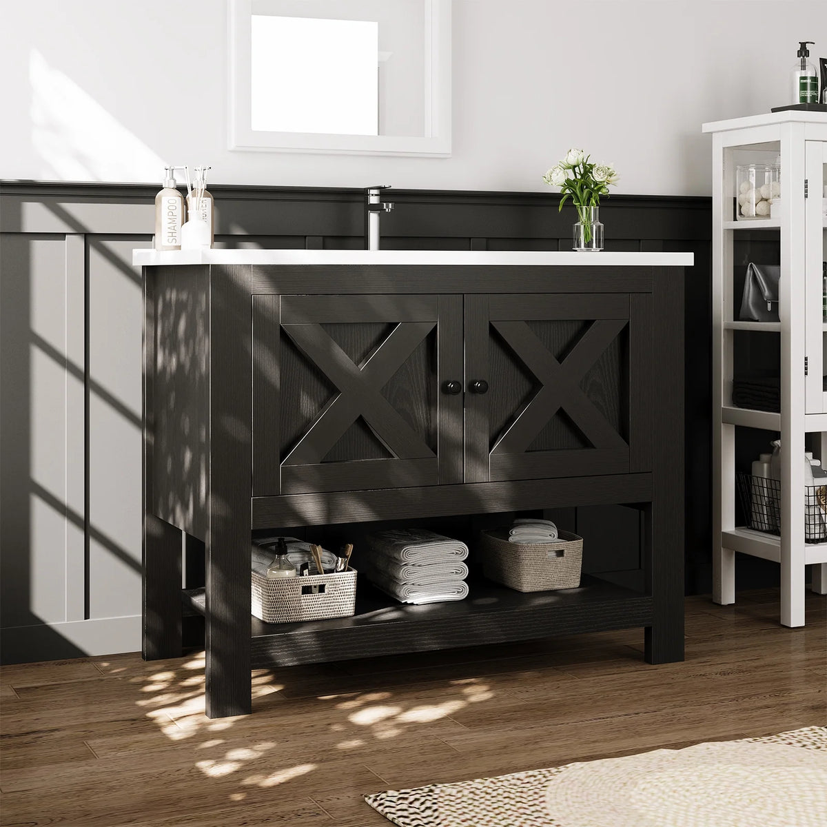 DreamCurship Bathroom Vanity with Sink Combo, 35'' Bathroom Storage Cabinet with Storage, Farmhouse Bathroom Vanity Cabinet with 2 Doors and Open Shelf, White