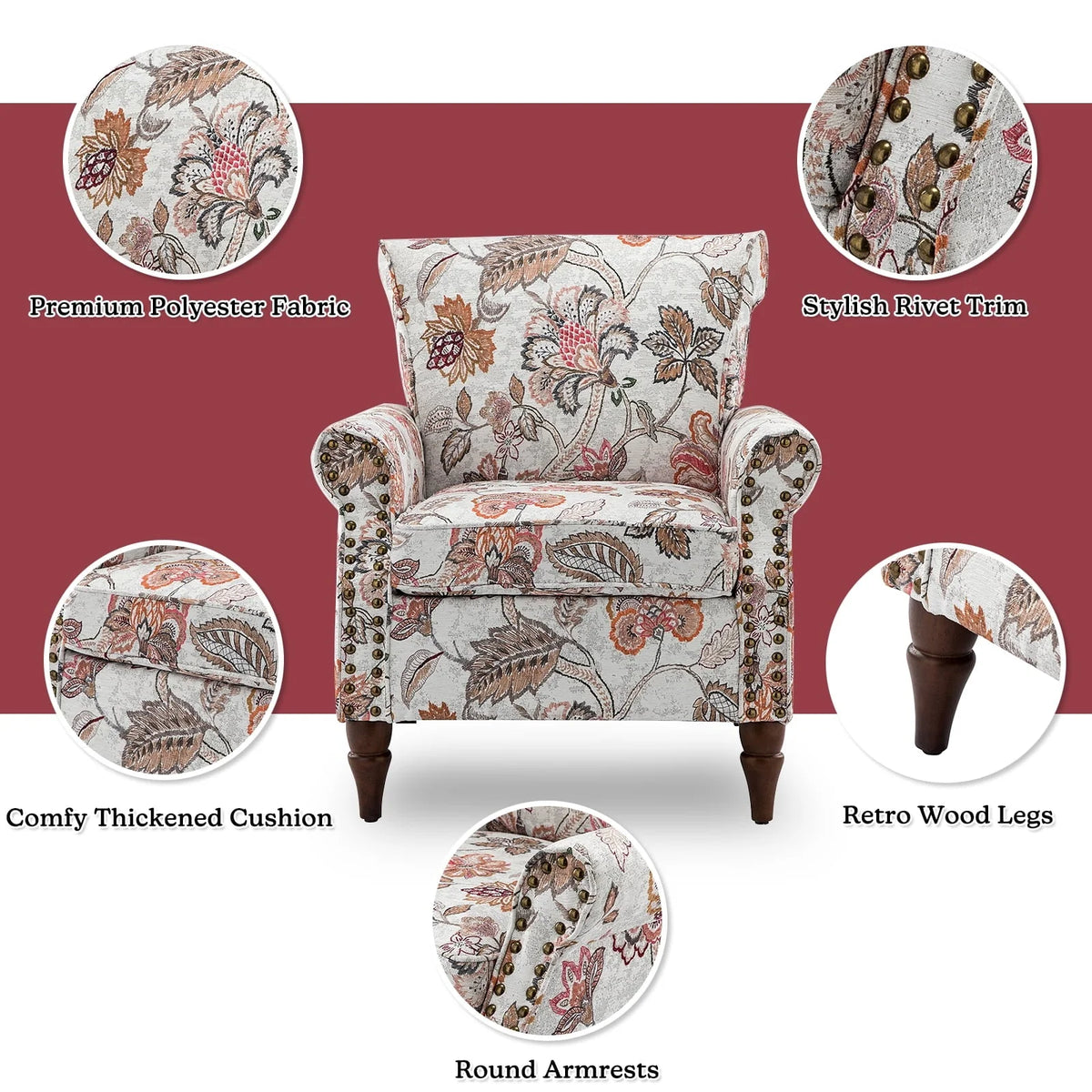 14 Karat Home Wingback Accent Chair Removable Cushion Floral Upholstered Sofa Armchair Couch Wood Legs Nailhead Trim Pink