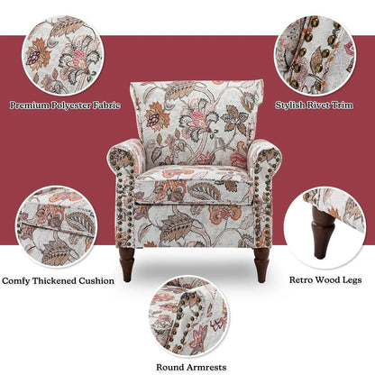 14 Karat Home Wingback Accent Chair Removable Cushion Floral Upholstered Sofa Armchair Couch Wood Legs Nailhead Trim Pink
