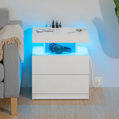 Hommpa LED Nightstand with Wireless Charging Station Modern Nightstand Type C USB Port 2 Drawers Bedside Table Black Smart Night Table High Gloss End Side Table for Bedroom Furniture 22.3" Tall
