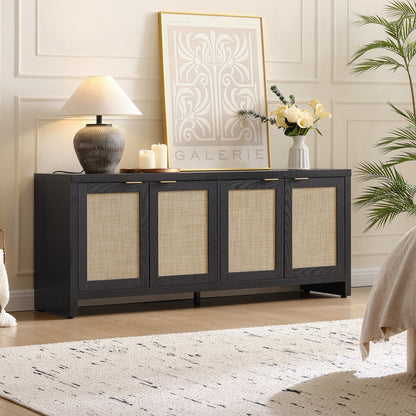 SICOTAS 61.5"W Rattan TV Stand with 4 Doors, Boho Entertainment Center with Adjustable Shelves & Spacious Countertop �C Large Boho Farmhouse Media Console for Living Room, Reclaimed Caramel Oak