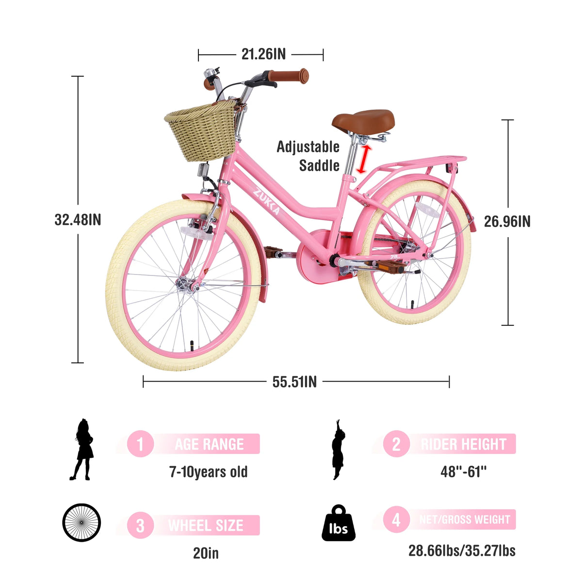 Girls Bike with Basket for Kids 7-10, 20" Kids' Bicycles Leather Saddle & Safety Bell, Pink