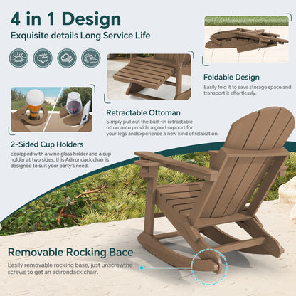 KINGYES Folding Adirondack Rocker Chair Set of 2 W/ Footrest & Dual Cup Holders, HDPE Outdoor Patio Rocking Chair, Black