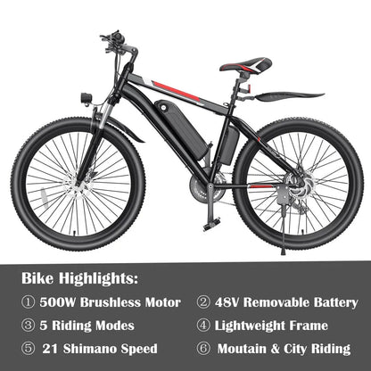 500W Electric Bike 26" Electric Bicycle for Adults with Cruise Control System Ebike