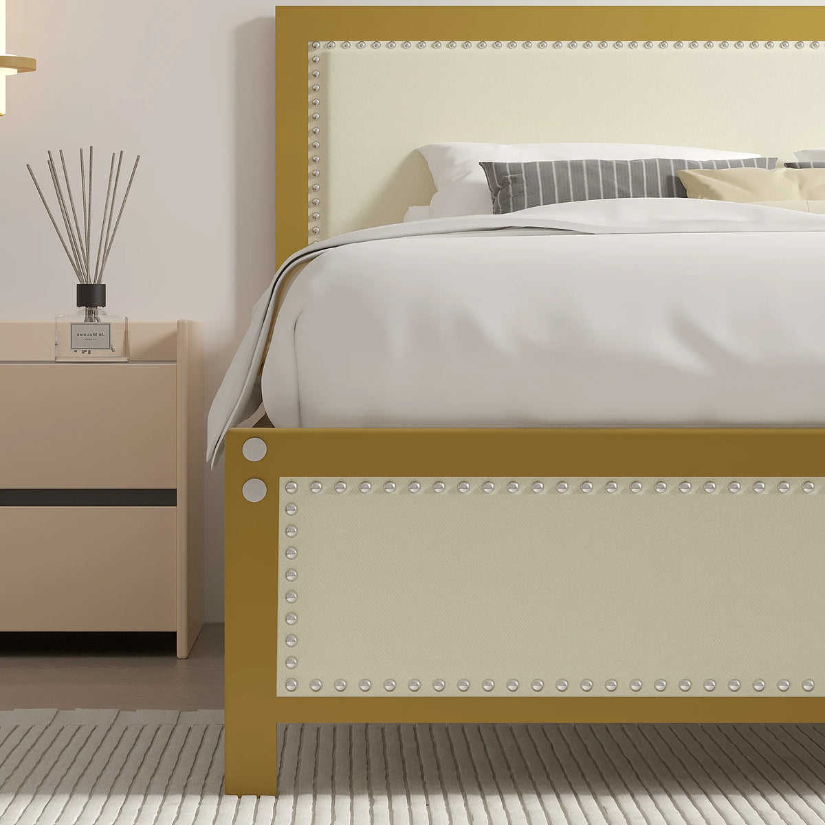 VECELO Queen Size Bed Frame Metal Platform Bed with Upholstered Headboard, No Box Spring Needed, Black