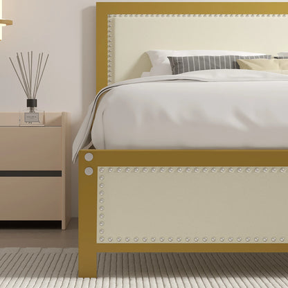 VECELO Queen Size Bed Frame Metal Platform Bed with Upholstered Headboard, No Box Spring Needed, Black