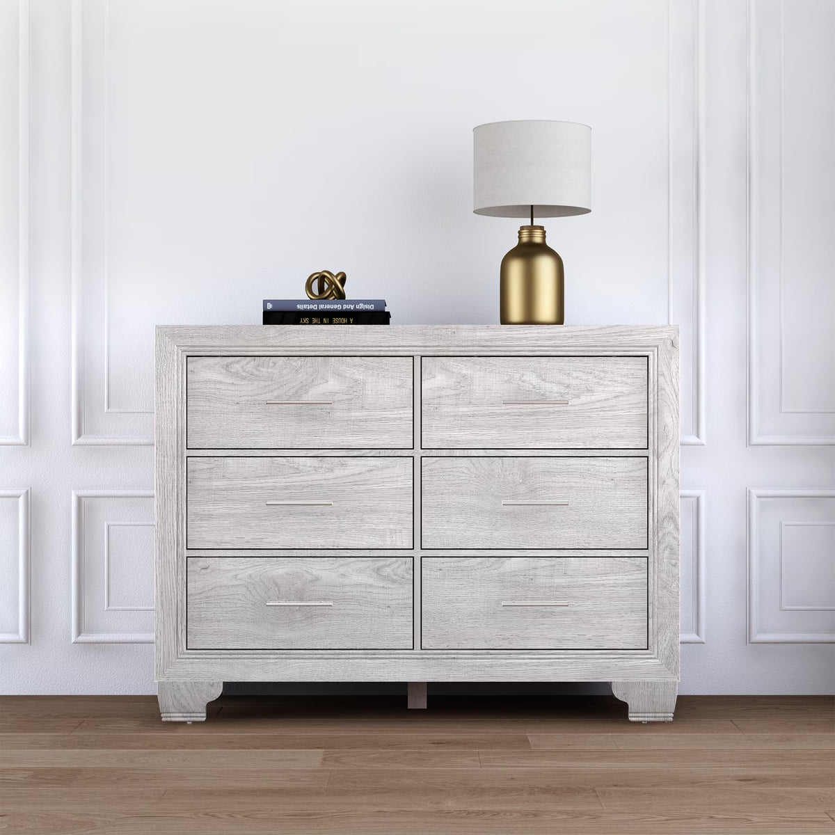 Homhougo White Dresser for Bedroom 6 Drawer, Wood Organizer Storage Cabinet with Gray Strip Drawer Door, Chest of Drawers for Closet, Living Room, Hallway, Nursery, Kids Bedroom