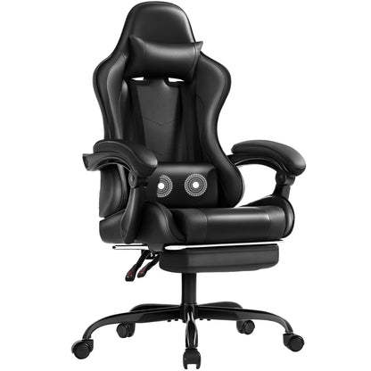 Lacoo PU Leather Gaming Chair Massage Ergonomic Gamer Chair Height Adjustable Computer Chair with Footrest & Lumbar Support, White