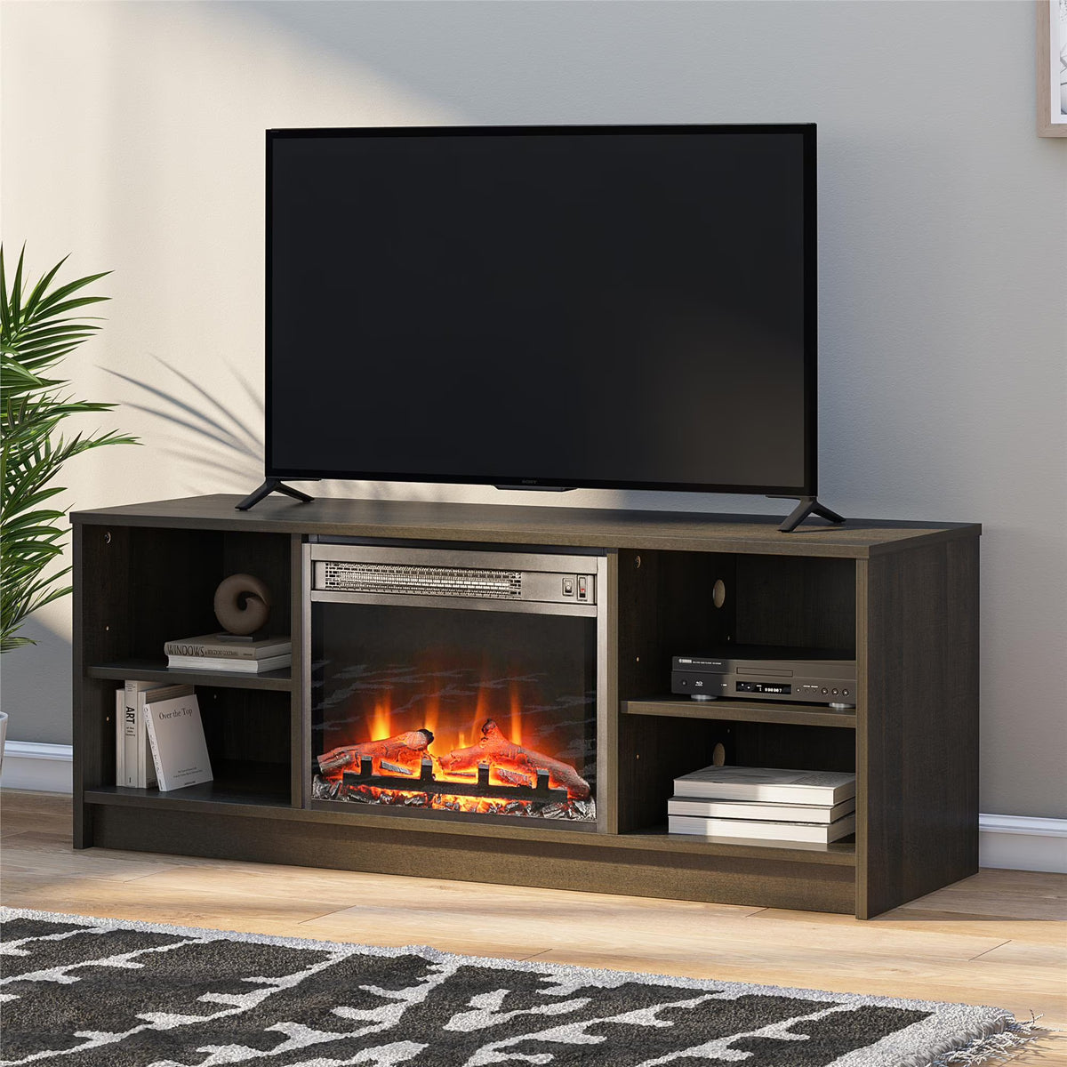 Mainstays Fireplace TV Stand, for TVs up to 55", Black Oak