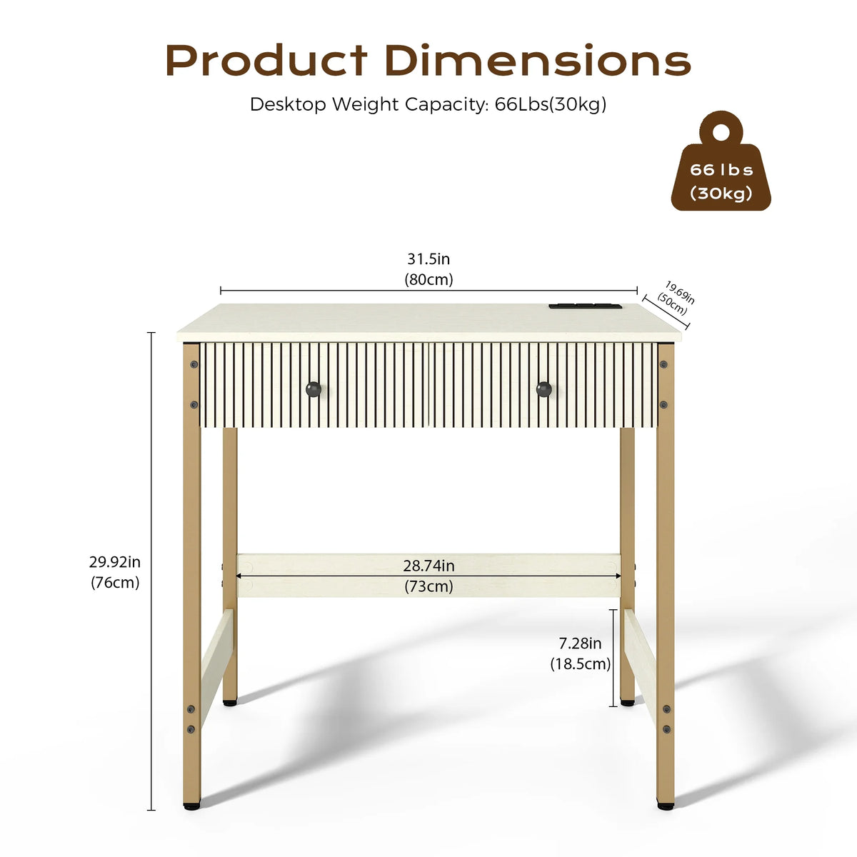 Manxile Fluted Computer Desk with USB Ports & Power Outlet, Modern White Study Table with Drawers