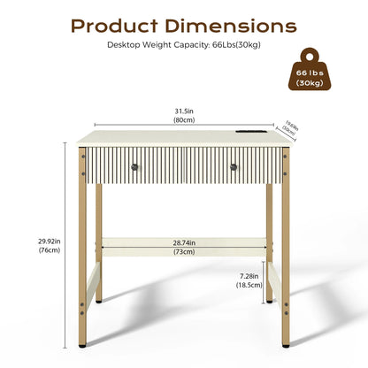 Manxile Fluted Computer Desk with USB Ports & Power Outlet, Modern White Study Table with Drawers