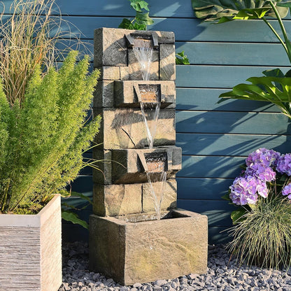 32.2" 3-Tier Outdoor Garden Water Fountain with LED Lights, Mossy Stone Cascading Resin Waterfall Feature for Patio, Yard, or Porch Decor