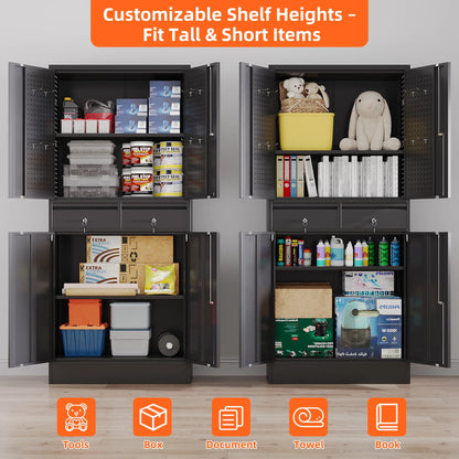 Aobabo 71.41''H Metal Garage Storage Cabinet with Lockable Doors and Hanging Rod,Broom Closet Storage Cabinet with Pegboard and Adjustable Shelves for Home Office School,Required Assembly,Black