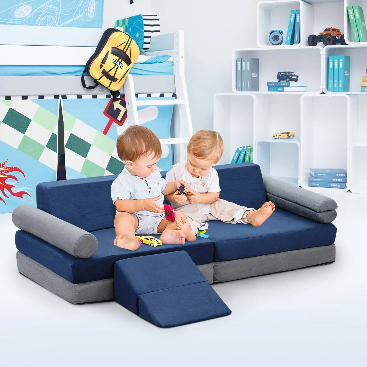 Ainfox Kids Couch, 10PCS Modular Fold Out Play Couch Sofa for Toddler Playroom & Bedroom, Soft Foam Kids Explorer Furniture Play Set with Washable Covers