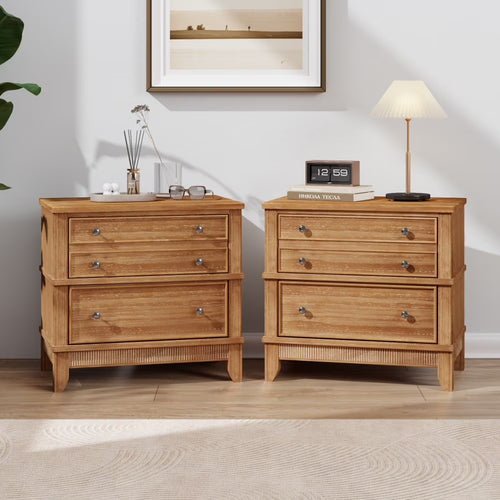 Tcbosik End Tables Set of 2, Bedside Table with 3 Storage Drawers, Night Stand for Small Space, Bedroom, Living Room, Natural