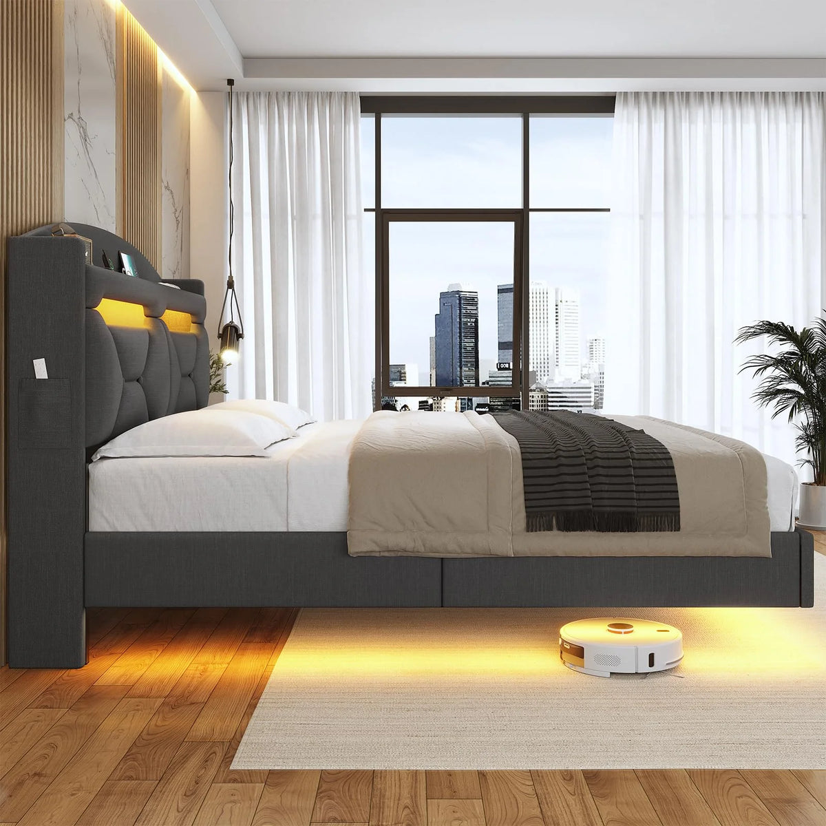 King Size Bed Frame with Storage Headboard and LED Lights,Upholstered Platform Bed with USB Port Charging,Headboard with Shelves Hidden Storage,Noise-Free,Dark Grey