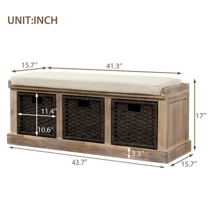 Entryway Storage Bench with 3 Woven Baskets and Removable Cushion, Entry Hallway Foyer Shoe Bench End of Bed Bench, Fully Assembled, 41.3" L x 15.7" W x 17" H (White&nbsp;Washed)