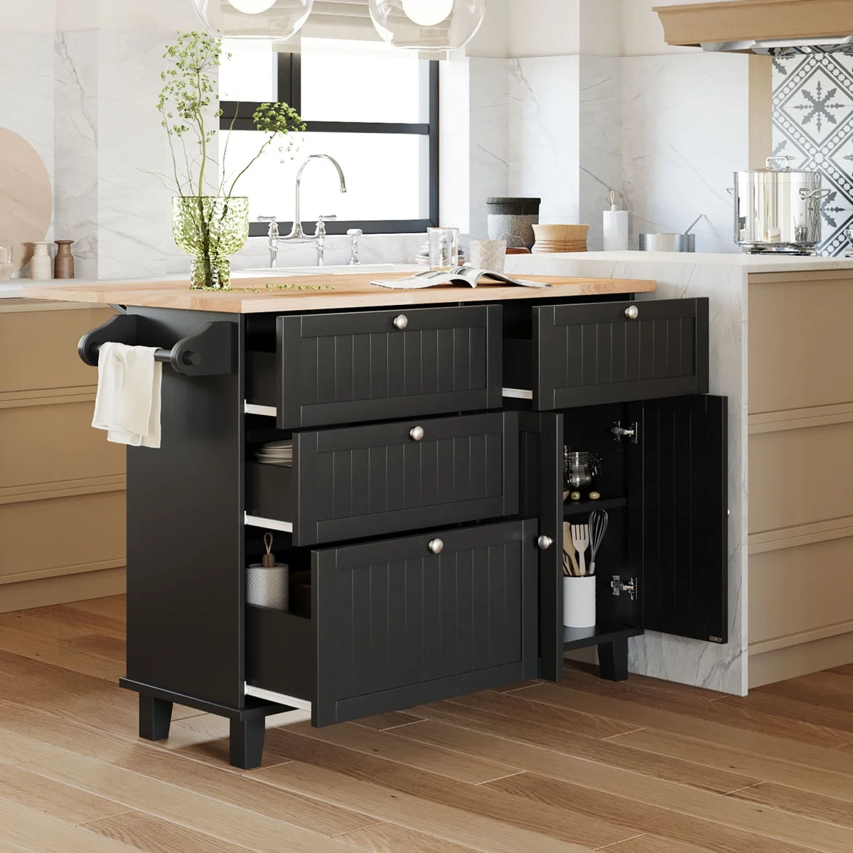 Kitchen Island with Storage, Portable Kitchen Island on Wheels with Drop-Leaf and 2 Stools, Built-in 4 Drawers and Towel Rack, Rolling Kitchen Island Cart for Home, Kitchen and Dining Room, White
