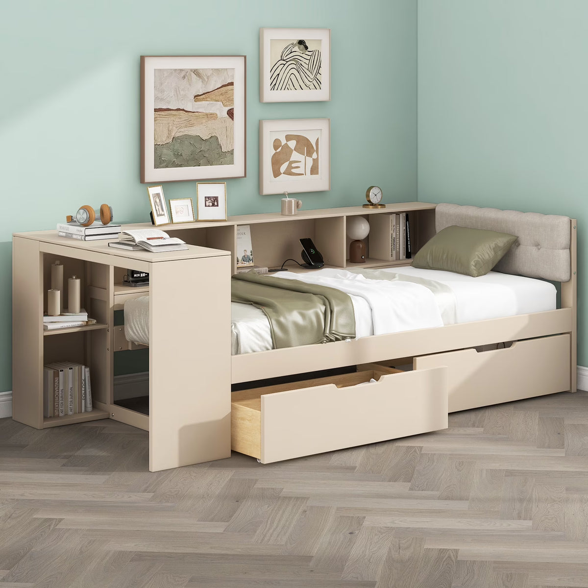Euroco Wood Twin Size Platform Bed with Desk and Shelves, Drawers and USB Charging for Kids, Cream