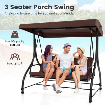 Costway 3-Seat Outdoor Converting Patio Swing Glider Adjustable Canopy Porch Swing Black