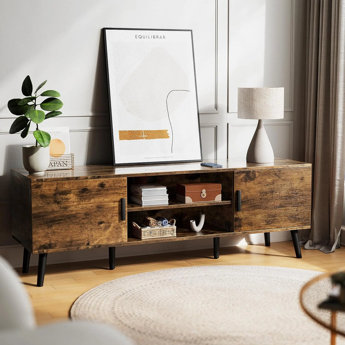 LL TV Stand for 55 Inch TV, Entertainment Center with Adjustable Shelf, 2 Cabinets, TV Console Table, Media Console, Solid Wood Feet, Cord Holes, for Living Room, Bedroom, White