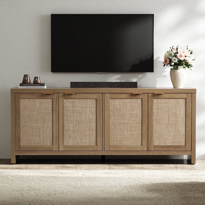 SICOTAS 61.5"W Rattan TV Stand with 4 Doors, Boho Entertainment Center with Adjustable Shelves & Spacious Countertop �C Large Boho Farmhouse Media Console for Living Room, Reclaimed Caramel Oak