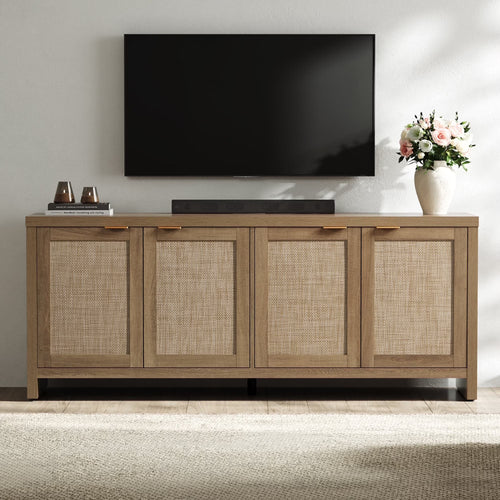 SICOTAS 61.5"W Rattan TV Stand with 4 Doors, Boho Entertainment Center with Adjustable Shelves & Spacious Countertop �C Large Boho Farmhouse Media Console for Living Room, Reclaimed Caramel Oak