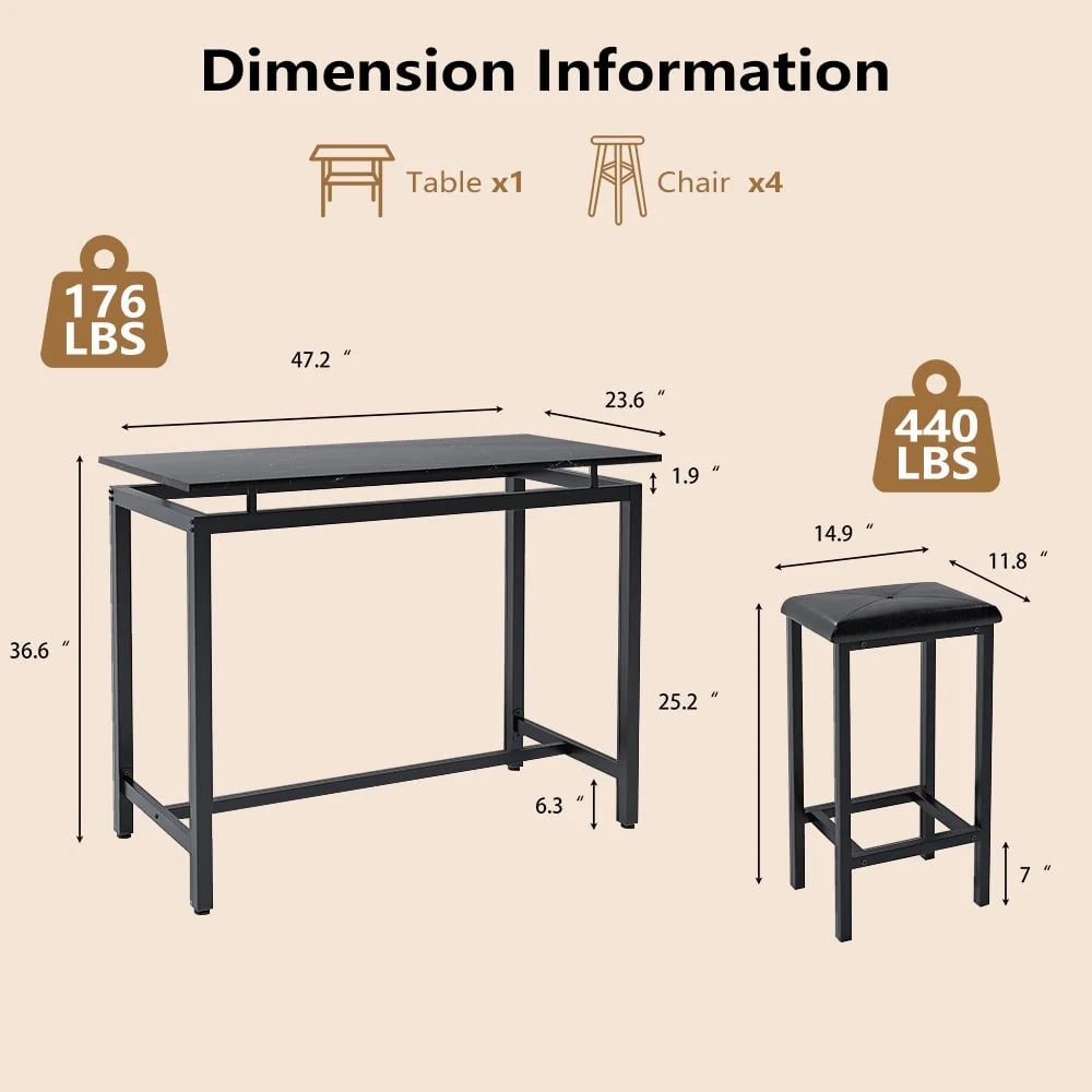 5 Piece Dining Set, Modern Dining Table and Chairs Set for 4, Counter Height Bar Table Set, Modern Pub Table with 4 Velvet Fabric Cushioned Stools, Faux Marble Dining Table & Stools Set, D9297