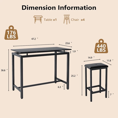 5 Piece Dining Set, Modern Dining Table and Chairs Set for 4, Counter Height Bar Table Set, Modern Pub Table with 4 Velvet Fabric Cushioned Stools, Faux Marble Dining Table & Stools Set, D9297