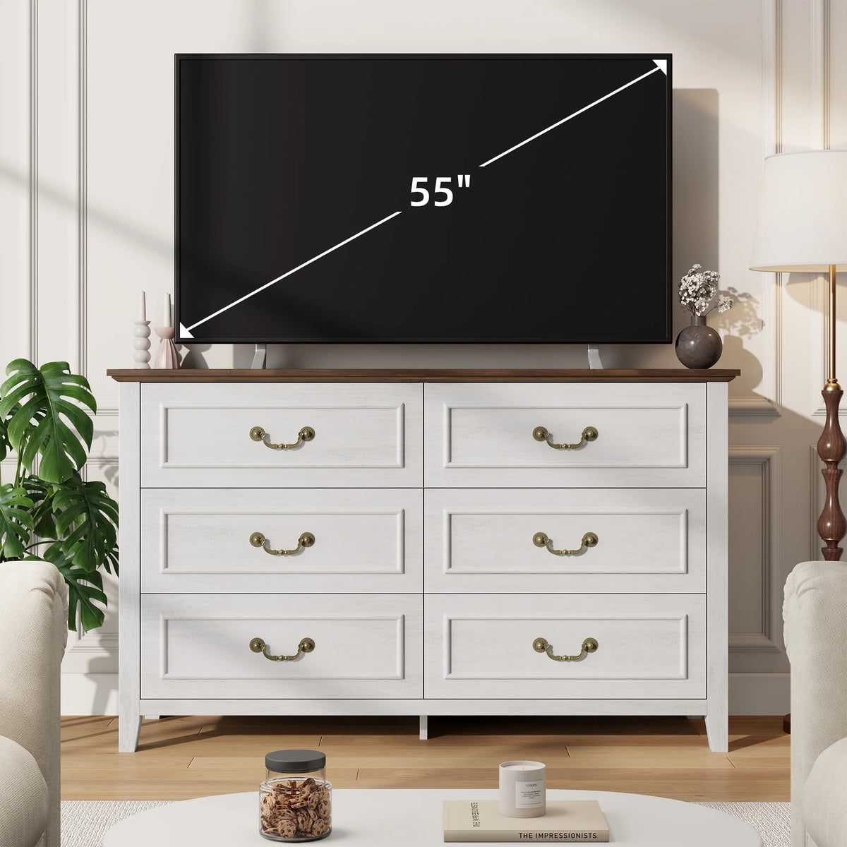 LainTene Dresser for Bedroom, Farmhouse White Dresser with Antique Handles, Vintage 6 Drawers Dresser, Chest of Drawers Storage Cabinet for Living Room, Entryway