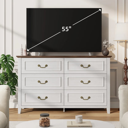 LainTene Dresser for Bedroom, Farmhouse White Dresser with Antique Handles, Vintage 6 Drawers Dresser, Chest of Drawers Storage Cabinet for Living Room, Entryway