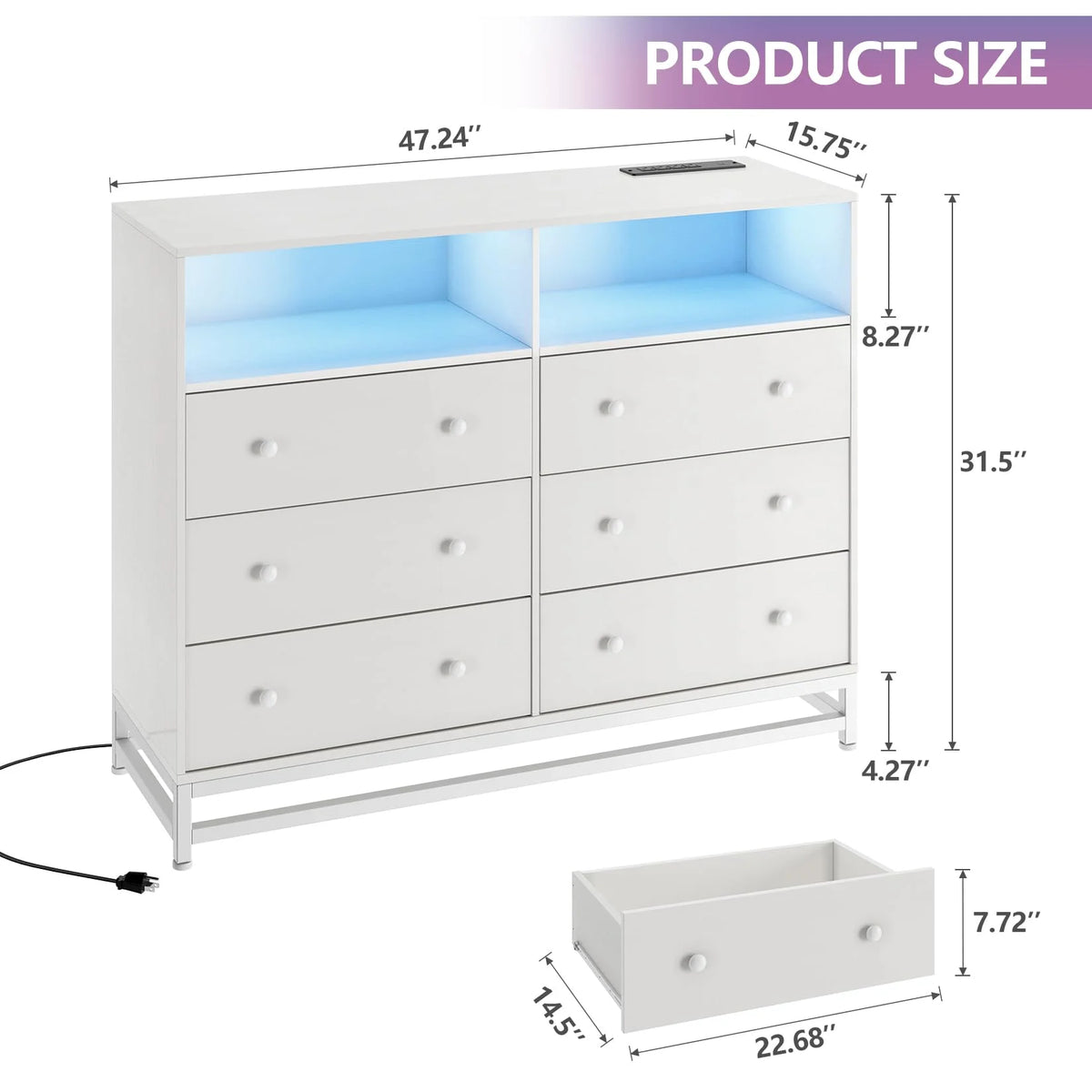 Homhougo Dresser for Bedroom 6 Drawer with LED Light & Charging Station, Wooden Dressers and Chests of Drawers with 2-Tier Open Shelves, Wide Dresser Organizer for Living Room Hallway Entryway, Pink